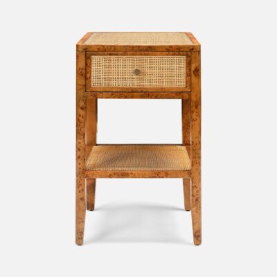 Close-up of Poplar Burl Nightstand with Natural Cane Panels, Irregular Grain Patterns, and Glass Top.