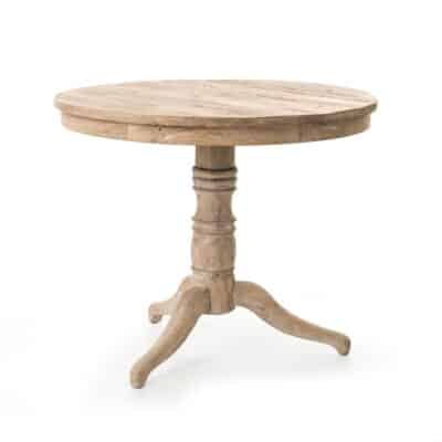 Whitewashed round side table with turned pedestal base and curved tripod feet in reclaimed elm.