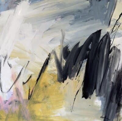 Abstract art piece featuring vibrant brushstrokes in bold colors, creating a dynamic visual effect.