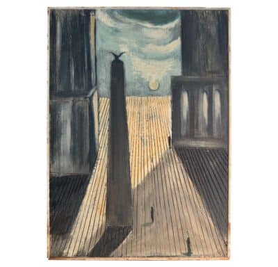 Close-up of large vintage oil painting on wood featuring surrealistic scene with obelisk classic architecture sinking moon and isolated figures in a