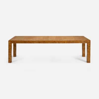 Stunning Poplar Burlwood Parsons Dining Table, ready to expand for extra guests.