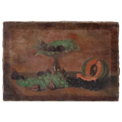 Aged still life painting, late 19th century, unframed fruit on canvas in antique patina.