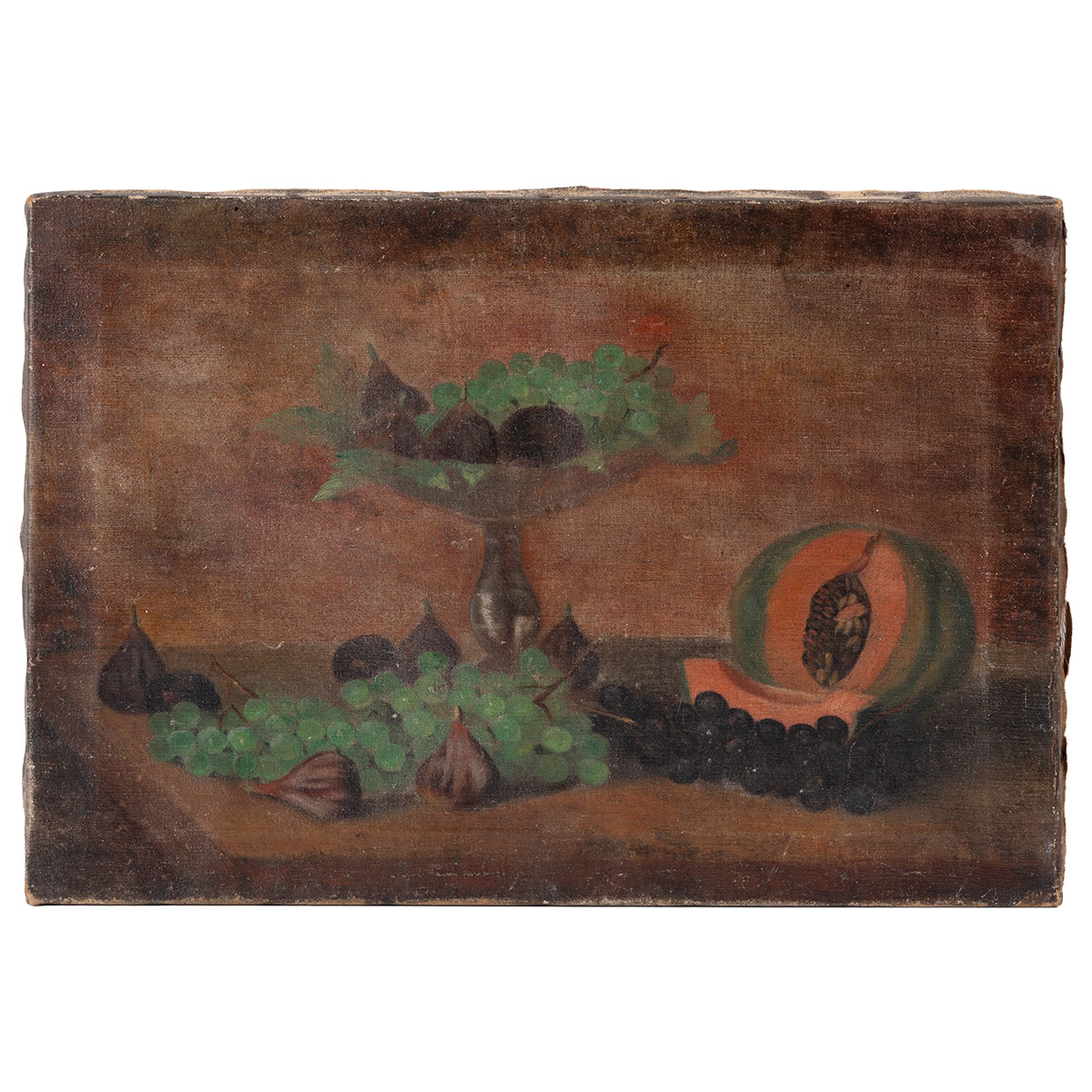 Aged still life painting, late 19th century, unframed fruit on canvas in antique patina.