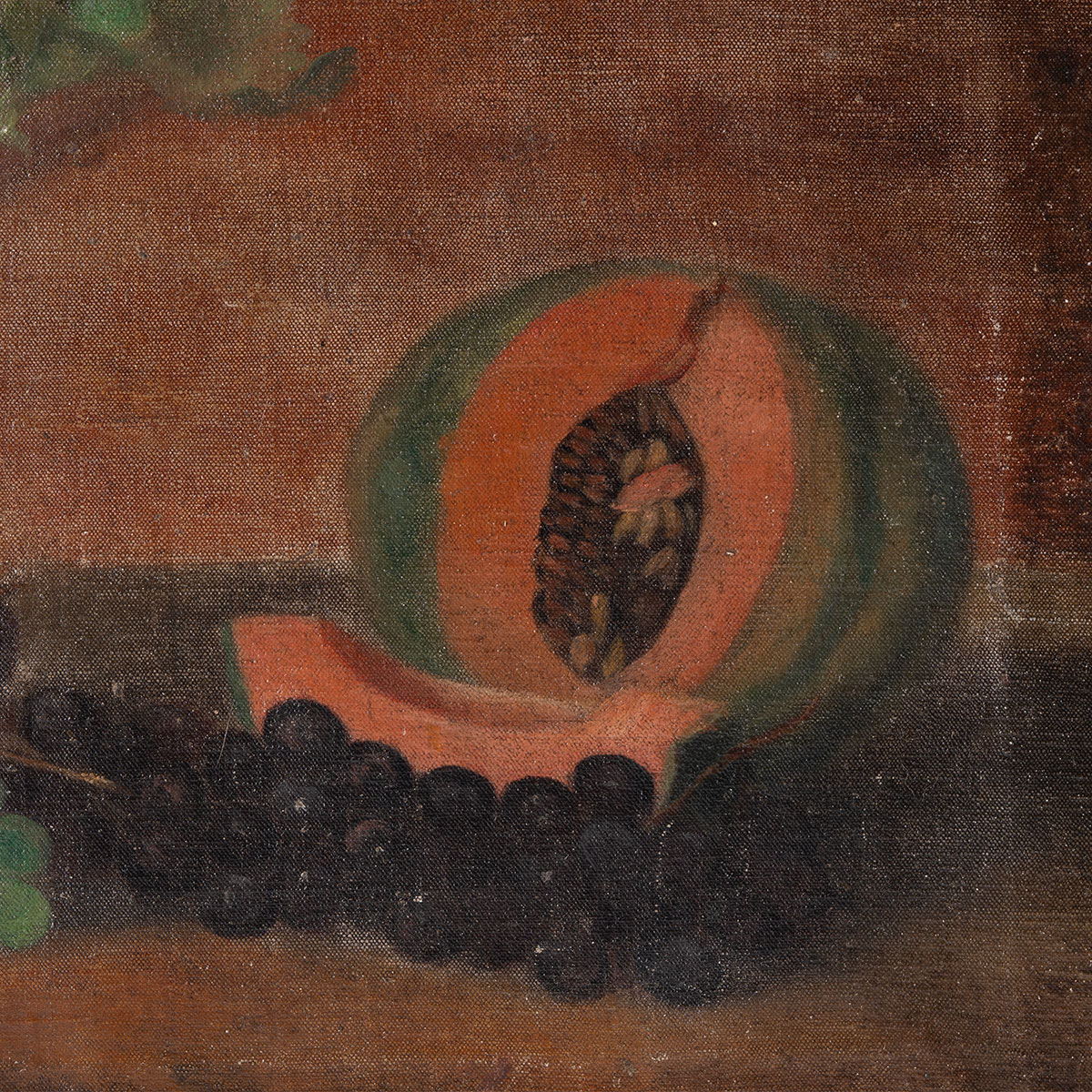 Close-up of vintage fruit still life painting showcasing vibrant red mango and dark purple grapes in aged and faded oil on canvas