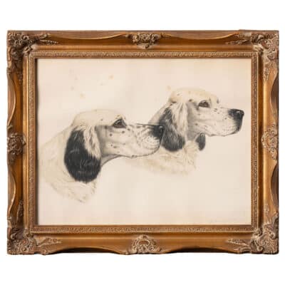 Framed vintage lithograph featuring two pointers on alert, signed by Edmund Henry Osthaus in 1920s