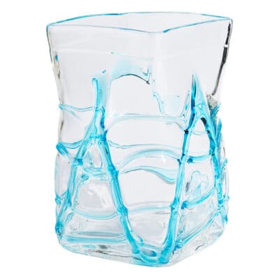 Blue and clear glass square vase with wavy design.