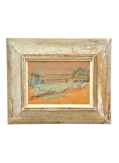 Close-up of vintage landscape pastel art in a distressed wood frame, signed & dated 1954.