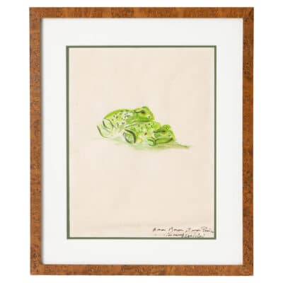 Close-up of vintage watercolor featuring two green frogs in repose, artist signed as Dorricini, framed in burlwood, circa 1960s.