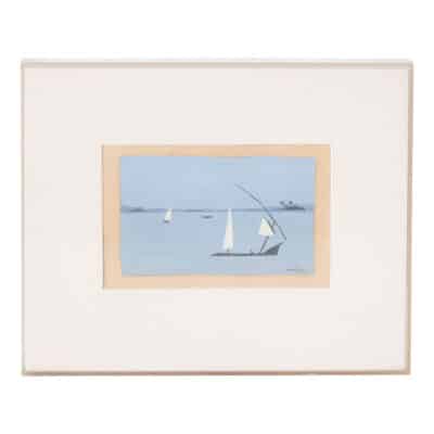 Close-up of vintage watercolor painting featuring sailboat on canvas, framed with signed gallery tag dated July 4-11, 1969.