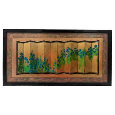 The image shows an attractive floral art piece with blue irises in a gold leaf screen painting set within a glass frame