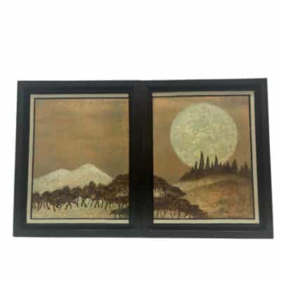 Moon Forest Diptych Art, Goldleaf on Fabric and Acrylic, Elegant Two-Panel Piece