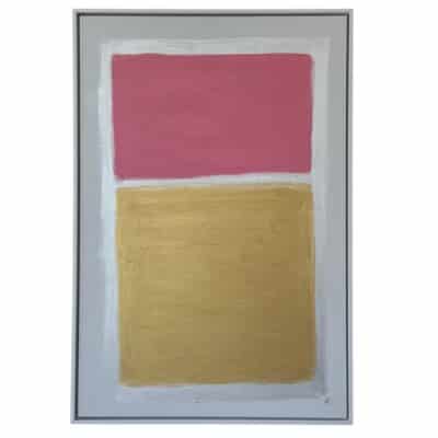 Close-up of Rose Gold Original Art, featuring a vibrant pink square set against a contrasting yellow rectangle on an acrylic canvas.