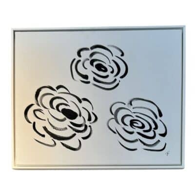 Close-up of Fleurs Blanc + Noir One Original Art, featuring three elegant black and white floral designs on canvas.