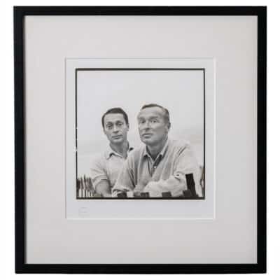 Close-up vintage photograph of pianist duo Fizdale and Gold on beach, circa 1962.