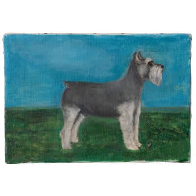 Close-up of Schnauzer in vintage oil painting, signed by Fern Mitchell, October 28, 1966.
