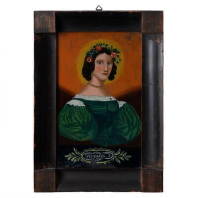 Vintage painting of young woman in spring elegantly dressed with flowers in her hair set against glowing sun backdrop framed in walnut
