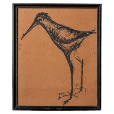 Charcoal drawing of shorebird, vintage framed art piece.
