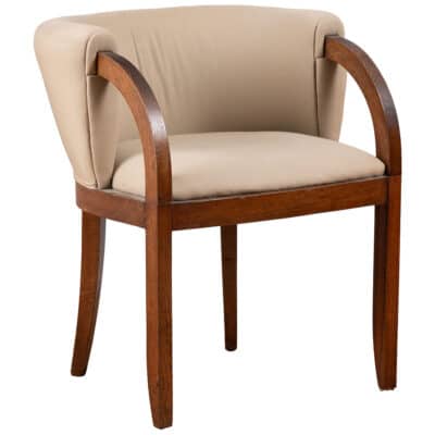 Side view of Vintage French Mid-Century Desk Chair in beige linen, featuring elegant curved wood arms and solid walnut frame.