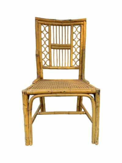 Close-up front view of vintage bamboo Brighton side chair featuring intricate weaving details on seat and backrest.