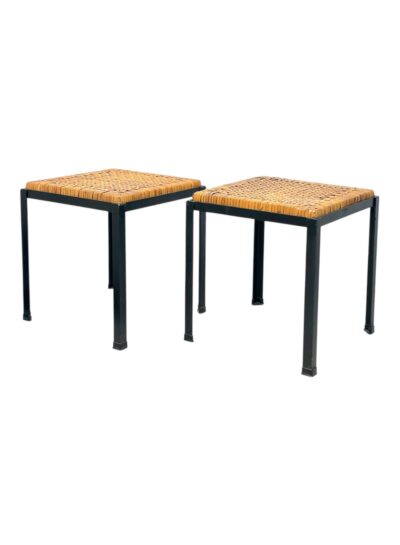 Pair of vintage metal & rattan stools, circa 1960s - elegant design for living spaces