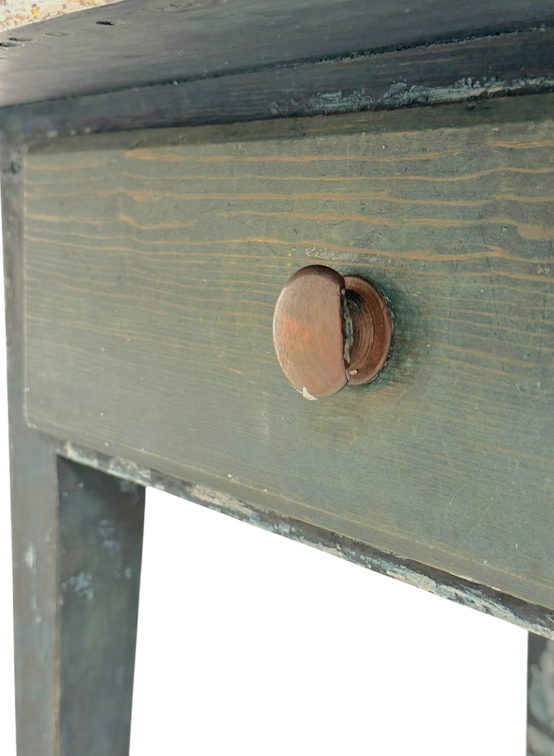 Close-up of Antique American Distressed Blue Wood Table's Drawer.