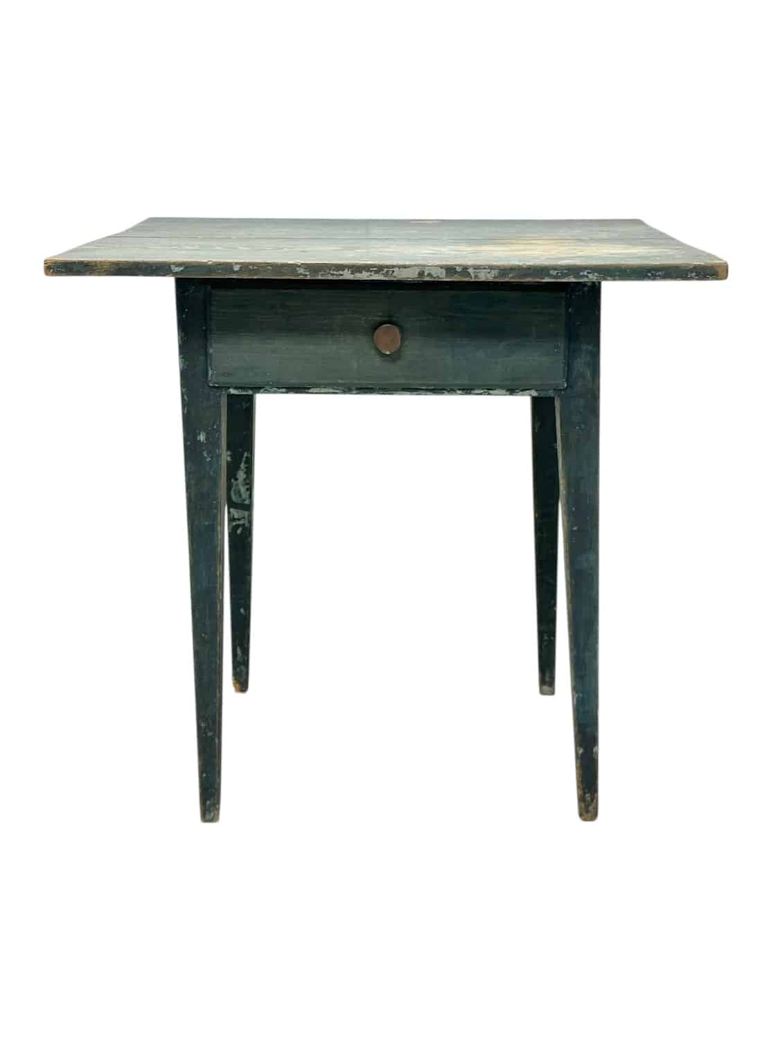 Antique American table with blue distressed wood, early 19th century, in-stock living.