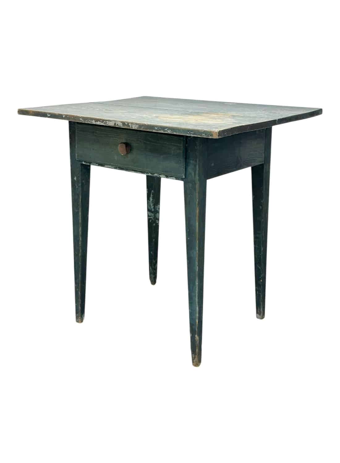 Close-up of antique blue wood table with distressed finish, showcasing early 19th century charm.