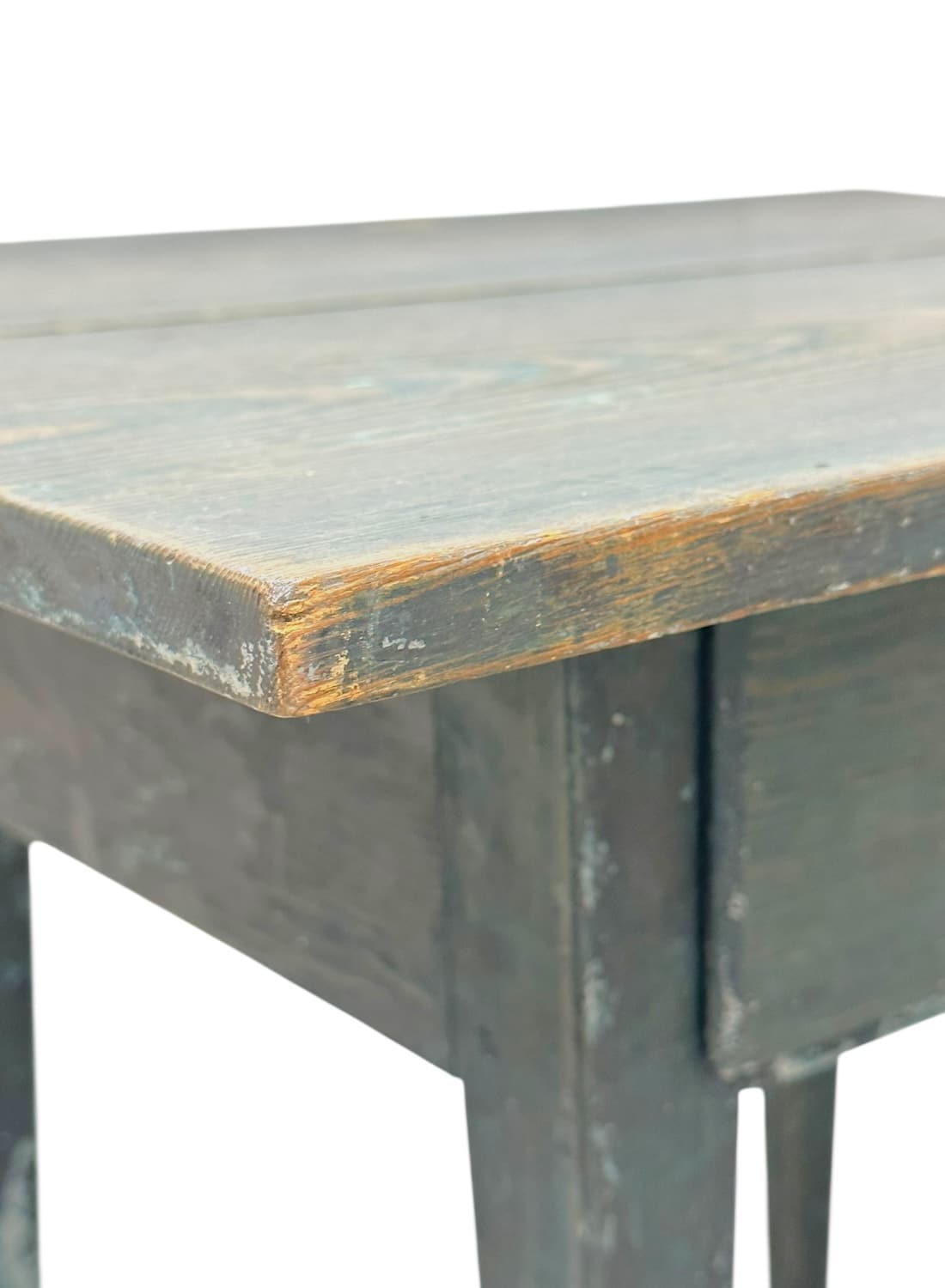 Side view of Antique American Distressed Blue Wood Table with drawer, showcasing early 19th-century craftsmanship.