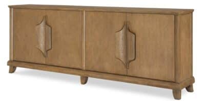 Front view of French inspired buffet, showcasing prominent carved handles and solid wood construction