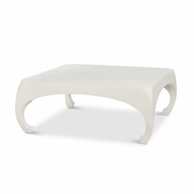 The image shows a square faux raffia coffee table with chow legs, presented in linen with seal color, available in Dallas.