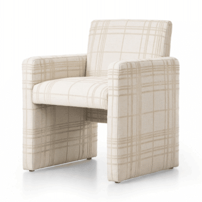 Front view of an ivory plaid dining chair with a straight line design.