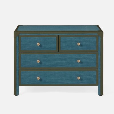 Front view of blue jute and leather dresser in teal and forest color options, featuring four drawers with copper knobs.