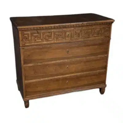 Close-up of Italian Walnut Gustavian Style Chest with four drawers, featuring elegant Greek Key detail.