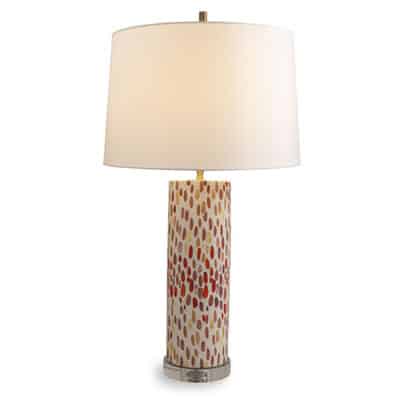 Jubilee Whimsical Lamp with Berry Dash Pattern Aged Brass Hardware Cylinder Finial Acrylic Round Base Ivory Round Drum Shade and 2 in