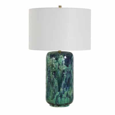 This is an image of a Turquoise and Blue Drip Ceramic Table Lamp featuring a crisp white linen shade which gives it