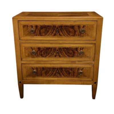 Beautiful walnut burlwood inlaid three-drawer chest.