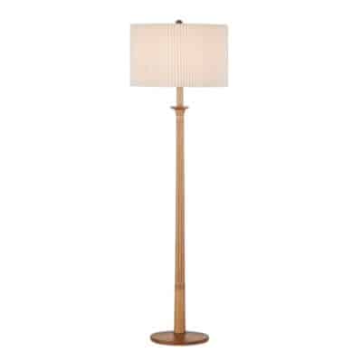 Close-up of turned wood column floor lamp with knife pleated bone linen shade, showcasing elegant design.