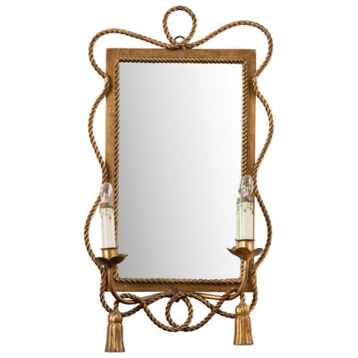 Antique-style gilt framed mirror with rope accents and electrified candle lights.