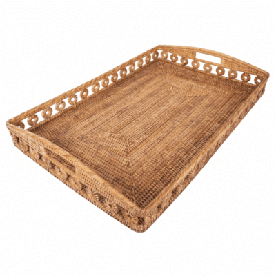Rectangular Rattan Tray with High Handle, side profile showcasing intricate weaving pattern.