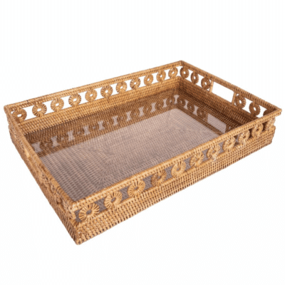 Rattan tray with cutout handles, showcasing intricate detailing against a white background.