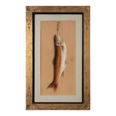 Antique framed pastel drawing of trout on fishing hook.