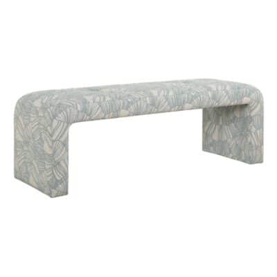 Front view of large, upholstered bench in ocean-inspired shell print.