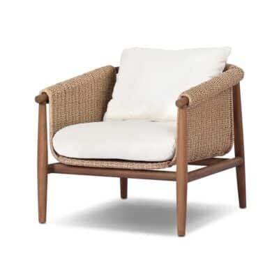 Front view of an outdoor teak sling chair with a white cushion, perfect for patio relaxation.