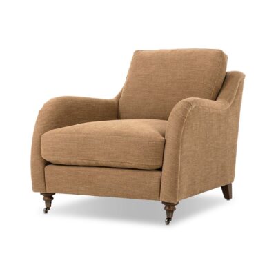 Comfortable Ochre English Style Rolled Arm Chair with Turned Legs and Caster Details in Performance Linen Cotton and Poly Blend Fabric available