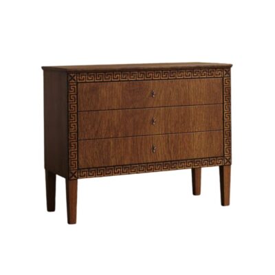 Front view of an elegant walnut chest featuring three drawers with intricate Greek key borders.