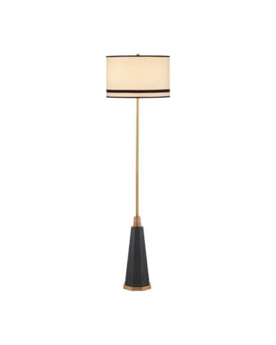 Front view of an elegant floor lamp with black, bronze, and antiqued brass finishes.