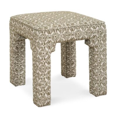Small upholstered stool with lattice pattern in olive green fabric.