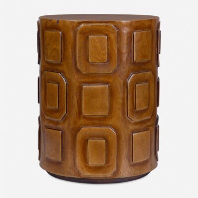 Wood side table, round shape, geometric design, heavy solid wood, natural patina, 38 pounds, Hamptons style.