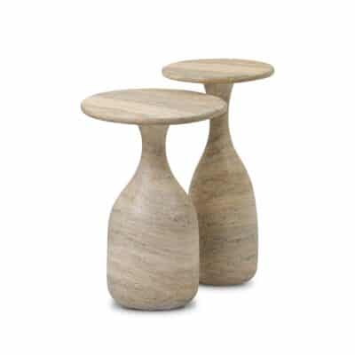 Concrete faux stone nesting tables in textured sandy grey finish, close-up front view highlighting their unique texture.