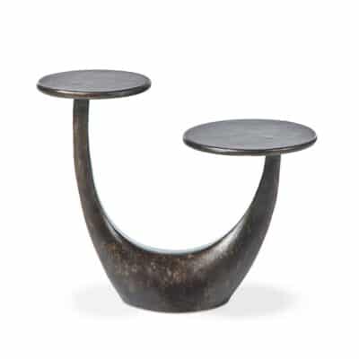 Double tabletop side table in distressed bronze finish; arriving in Houston late April 2026.